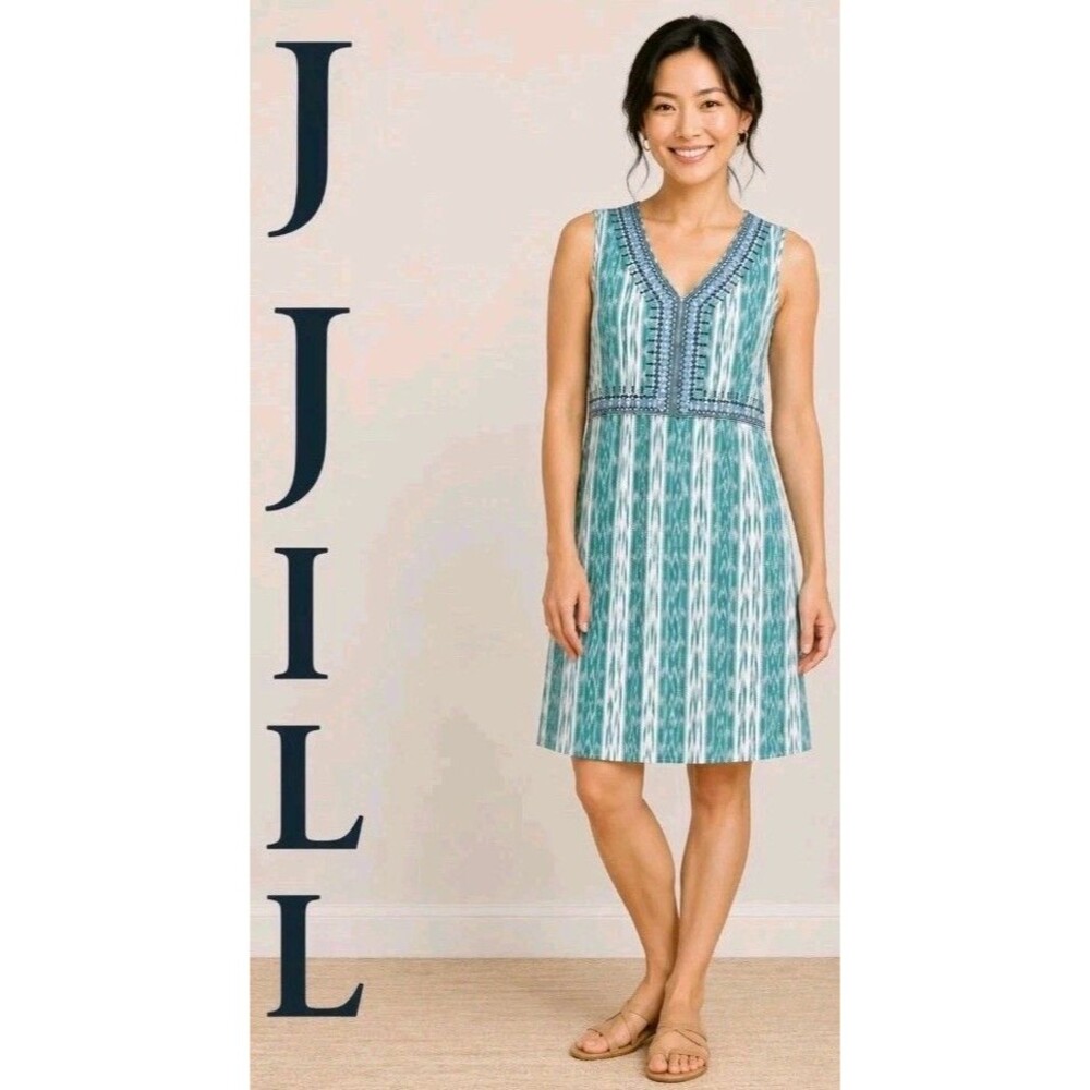 NWT J JILL Womens SP Ikat Spearmint Boho Cotton Summer Pockets Embroidery Dress